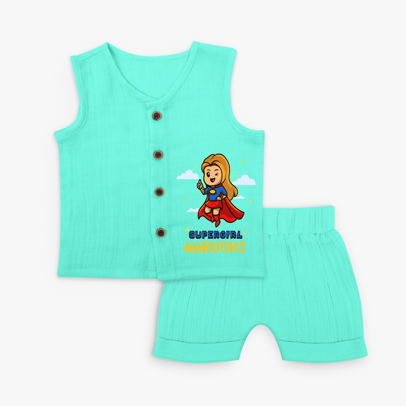 Celebrate The Super Kids Theme With  "Super Girl" Personalized Jabla set for your Baby - AQUA GREEN - 0 - 3 Months Old (Chest 9.8")