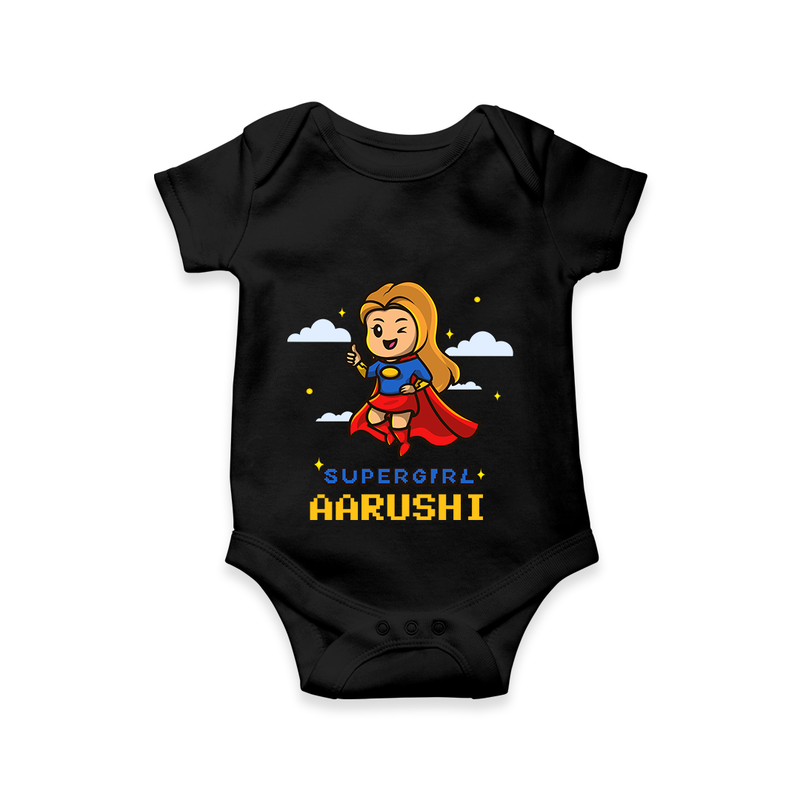 Celebrate The Super Kids Theme With  "Super Girl" Personalized Romper For your Baby - BLACK - 0 - 3 Months Old (Chest 16")