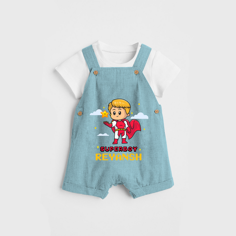 Celebrate The Super Kids Theme With  "Super Boy" Personalized Dungaree set for your Baby - ARCTIC BLUE - 0 - 5 Months Old (Chest 17")