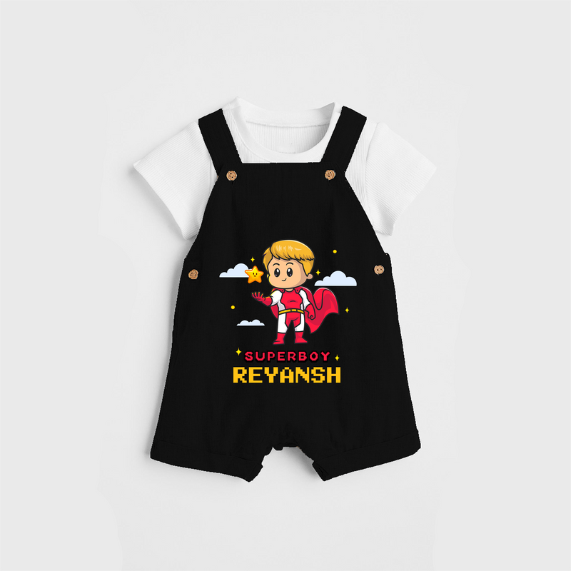 Celebrate The Super Kids Theme With  "Super Boy" Personalized Dungaree set for your Baby - BLACK - 0 - 5 Months Old (Chest 17")