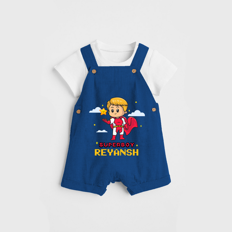 Celebrate The Super Kids Theme With  "Super Boy" Personalized Dungaree set for your Baby - COBALT BLUE - 0 - 5 Months Old (Chest 17")