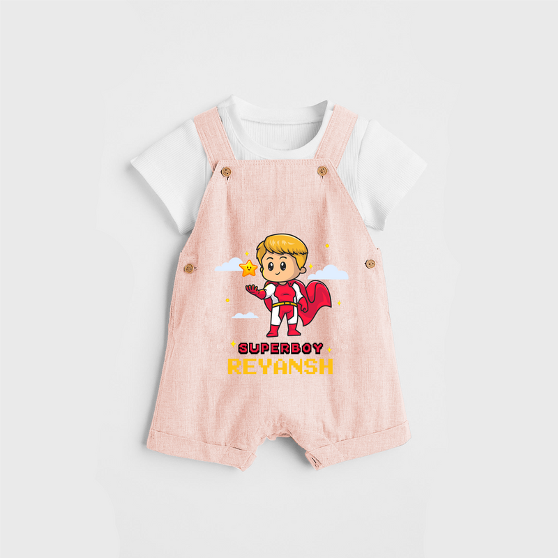 Celebrate The Super Kids Theme With  "Super Boy" Personalized Dungaree set for your Baby - PEACH - 0 - 5 Months Old (Chest 17")