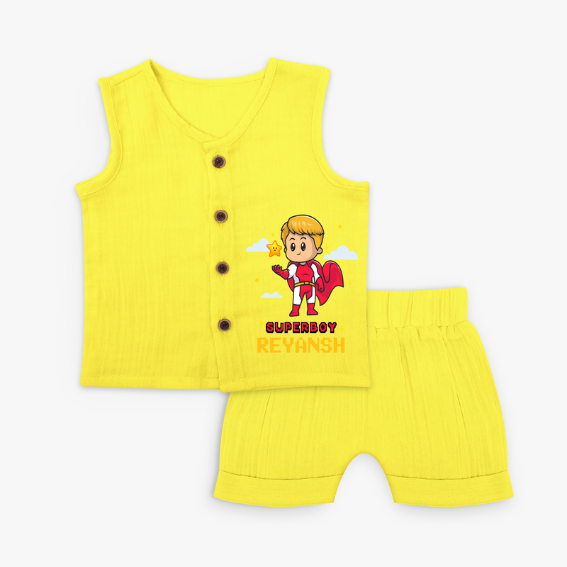 Celebrate The Super Kids Theme With  "Super Boy" Personalized Jabla set for your Baby - YELLOW - 0 - 3 Months Old (Chest 9.8")