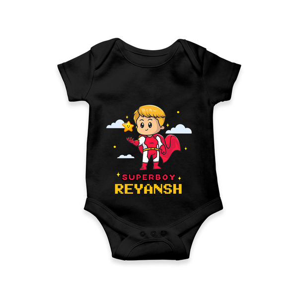 Celebrate The Super Kids Theme With  "Super Boy" Personalized Romper For your Baby - BLACK - 0 - 3 Months Old (Chest 16")