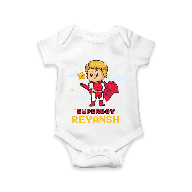 Celebrate The Super Kids Theme With  "Super Boy" Personalized Romper For your Baby - WHITE - 0 - 3 Months Old (Chest 16")