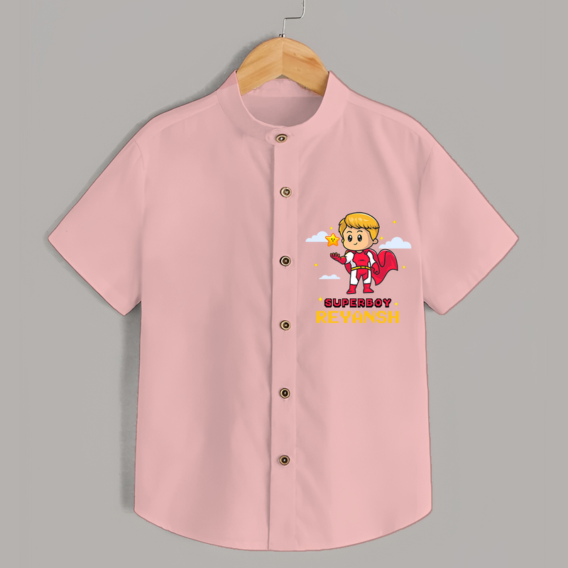 Celebrate The Super Kids Theme With  "Super Boy" Personalized Kids Shirts - PEACH - 0 - 6 Months Old (Chest 21")