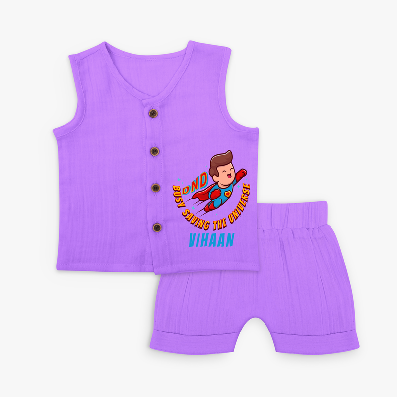 Celebrate The Super Kids Theme With "DND Busy Saving The Universe" Personalized Jabla set for your Baby - PURPLE - 0 - 3 Months Old (Chest 9.8")