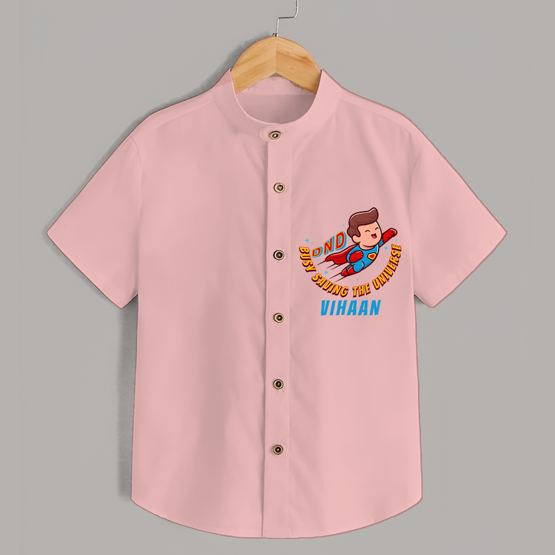 Celebrate The Super Kids Theme With "DND Busy Saving The Universe" Personalized Shirts for Kids - PEACH - 0 - 6 Months Old (Chest 21")