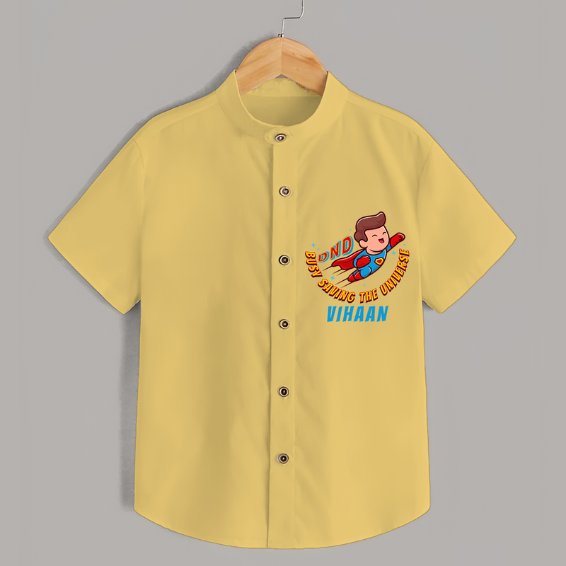 Celebrate The Super Kids Theme With "DND Busy Saving The Universe" Personalized Shirts for Kids - YELLOW - 0 - 6 Months Old (Chest 21")