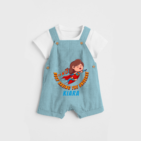 Celebrate The Super Kids Theme With "DND Busy Saving The Universe" Personalized Dungaree set for Babies - ARCTIC BLUE - 0 - 5 Months Old (Chest 17")