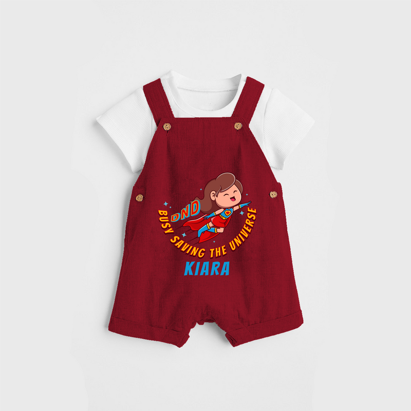 Celebrate The Super Kids Theme With "DND Busy Saving The Universe" Personalized Dungaree set for Babies - RED - 0 - 5 Months Old (Chest 17")