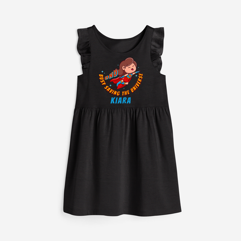 Celebrate The Super Kids Theme With "DND Busy Saving The Universe" Personalized Frock for your kids - BLACK - 0 - 6 Months Old (Chest 18")