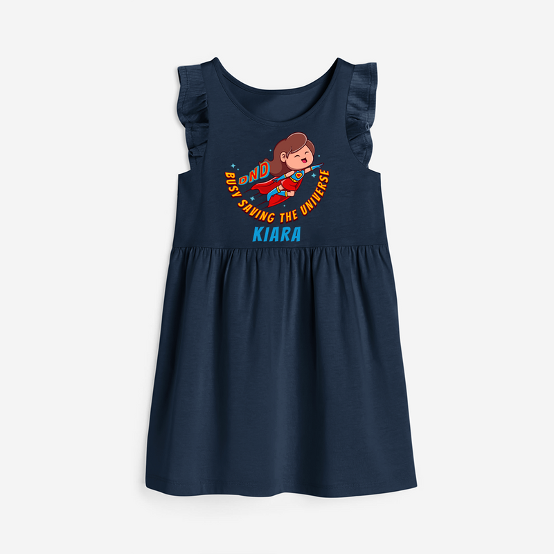 Celebrate The Super Kids Theme With "DND Busy Saving The Universe" Personalized Frock for your kids - NAVY BLUE - 0 - 6 Months Old (Chest 18")