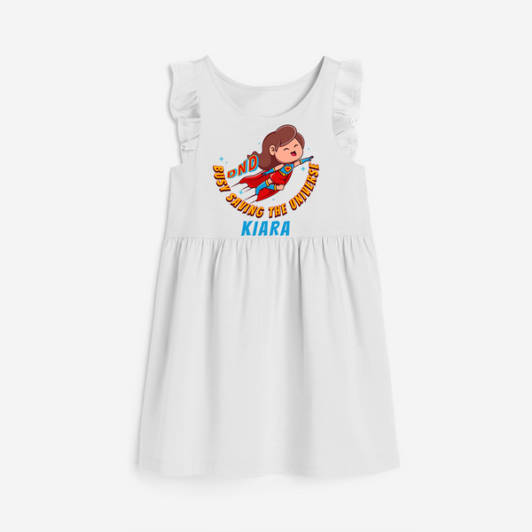 Celebrate The Super Kids Theme With "DND Busy Saving The Universe" Personalized Frock for your kids - WHITE - 0 - 6 Months Old (Chest 18")