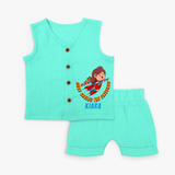 Celebrate The Super Kids Theme With "DND Busy Saving The Universe" Personalized Jabla set for your kids - AQUA GREEN - 0 - 3 Months Old (Chest 9.8")