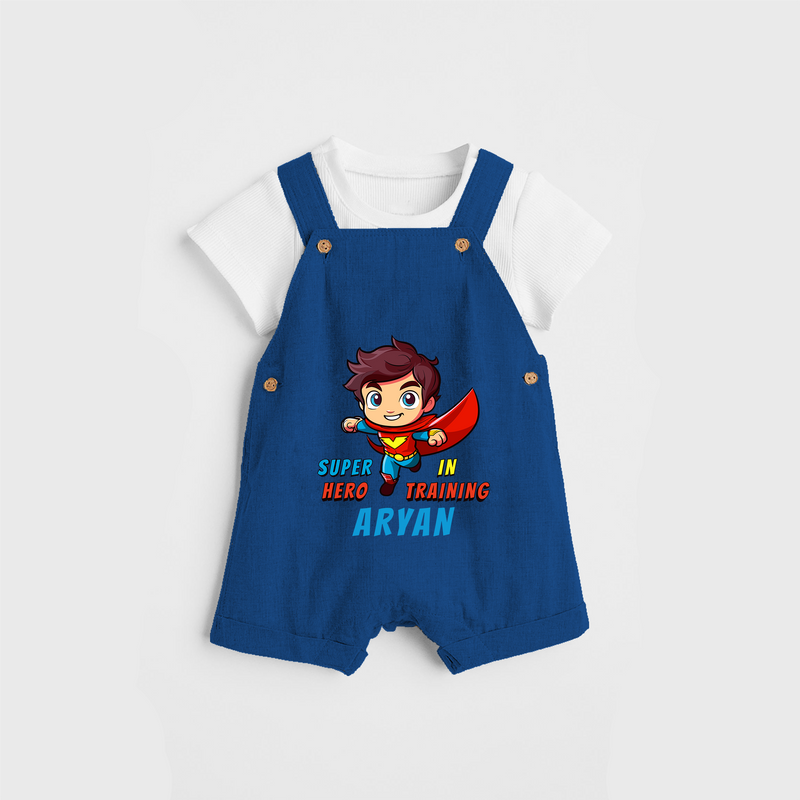 Celebrate The Super Kids Theme With "Super Hero In Training" Personalized Dungaree set for your Baby - COBALT BLUE - 0 - 5 Months Old (Chest 17")