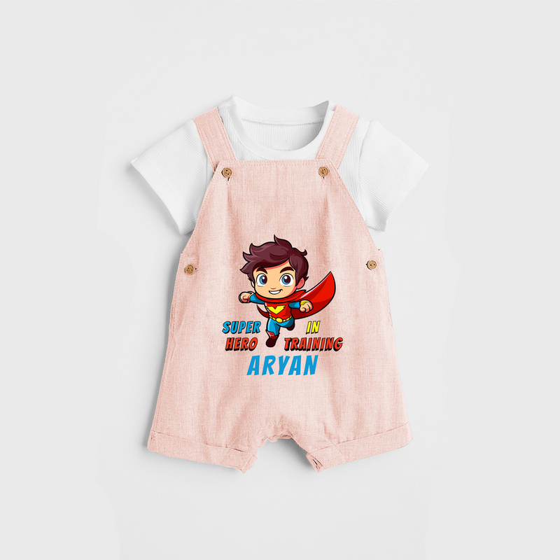 Celebrate The Super Kids Theme With "Super Hero In Training" Personalized Dungaree set for your Baby - PEACH - 0 - 5 Months Old (Chest 17")