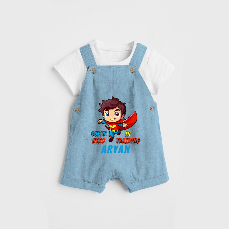 Celebrate The Super Kids Theme With "Super Hero In Training" Personalized Dungaree set for your Baby - SKY BLUE - 0 - 5 Months Old (Chest 17")