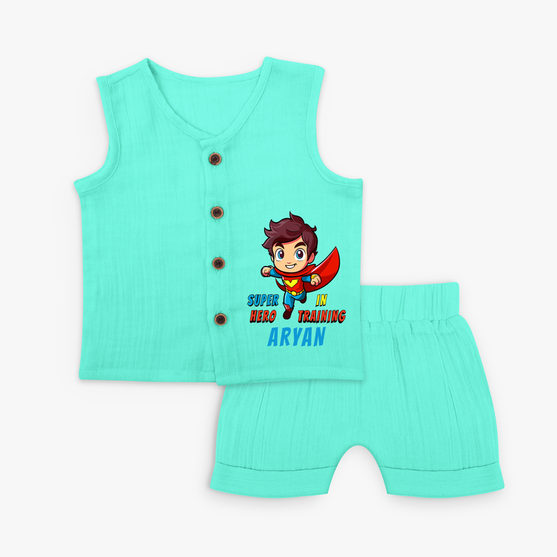 Celebrate The Super Kids Theme With "Super Hero In Training" Personalized Jabla set for your kids - AQUA GREEN - 0 - 3 Months Old (Chest 9.8")