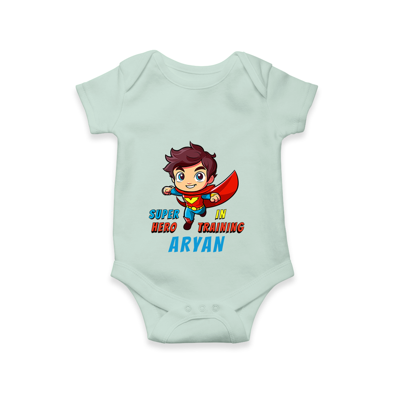 Celebrate The Super Kids Theme With "Super Hero In Training" Personalized Romper For your Baby - MINT GREEN - 0 - 3 Months Old (Chest 16")