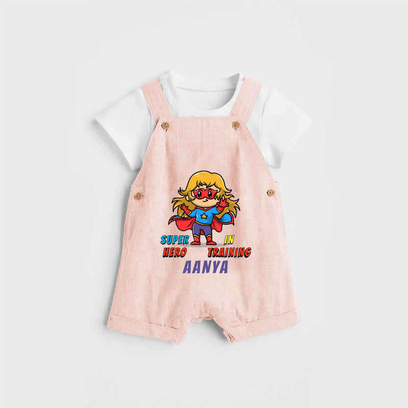 Celebrate The Super Kids Theme With "Super Hero In Training" Personalized Dungaree set for Babies - PEACH - 0 - 5 Months Old (Chest 17")