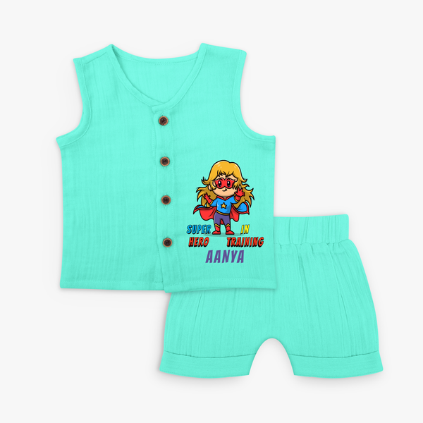 Celebrate The Super Kids Theme With "Super Hero In Training" Personalized Jabla set for your Baby - AQUA GREEN - 0 - 3 Months Old (Chest 9.8")