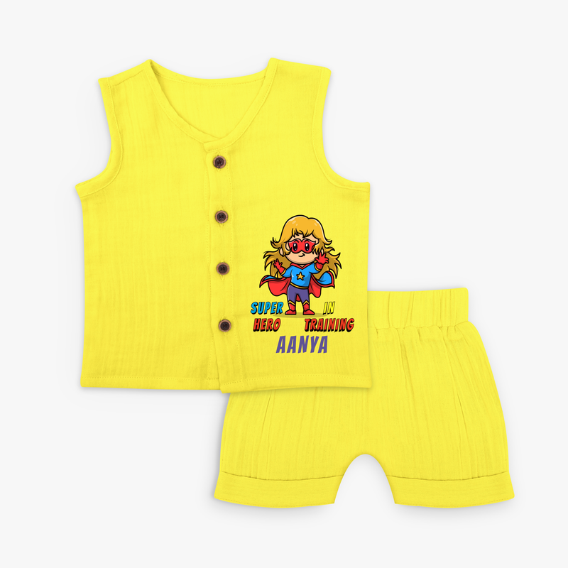 Celebrate The Super Kids Theme With "Super Hero In Training" Personalized Jabla set for your Baby - YELLOW - 0 - 3 Months Old (Chest 9.8")