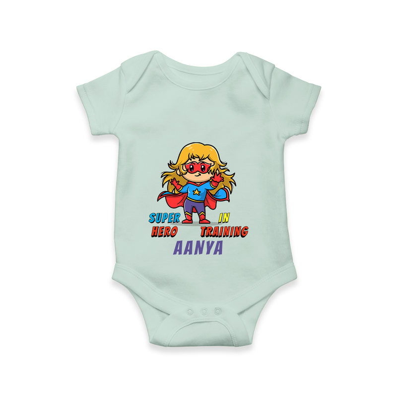 Celebrate The Super Kids Theme With "Super Hero In Training" Personalized Romper for Babies - MINT GREEN - 0 - 3 Months Old (Chest 16")