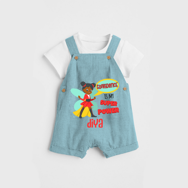 Celebrate The Super Kids Theme With "Confidence is my Suoer Power" Personalized Dungaree set for your Baby - ARCTIC BLUE - 0 - 5 Months Old (Chest 17")