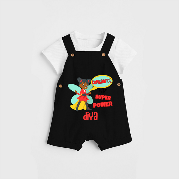 Celebrate The Super Kids Theme With "Confidence is my Suoer Power" Personalized Dungaree set for your Baby - BLACK - 0 - 5 Months Old (Chest 17")