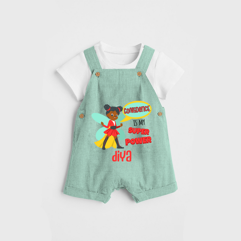 Celebrate The Super Kids Theme With "Confidence is my Suoer Power" Personalized Dungaree set for your Baby - LIGHT GREEN - 0 - 5 Months Old (Chest 17")