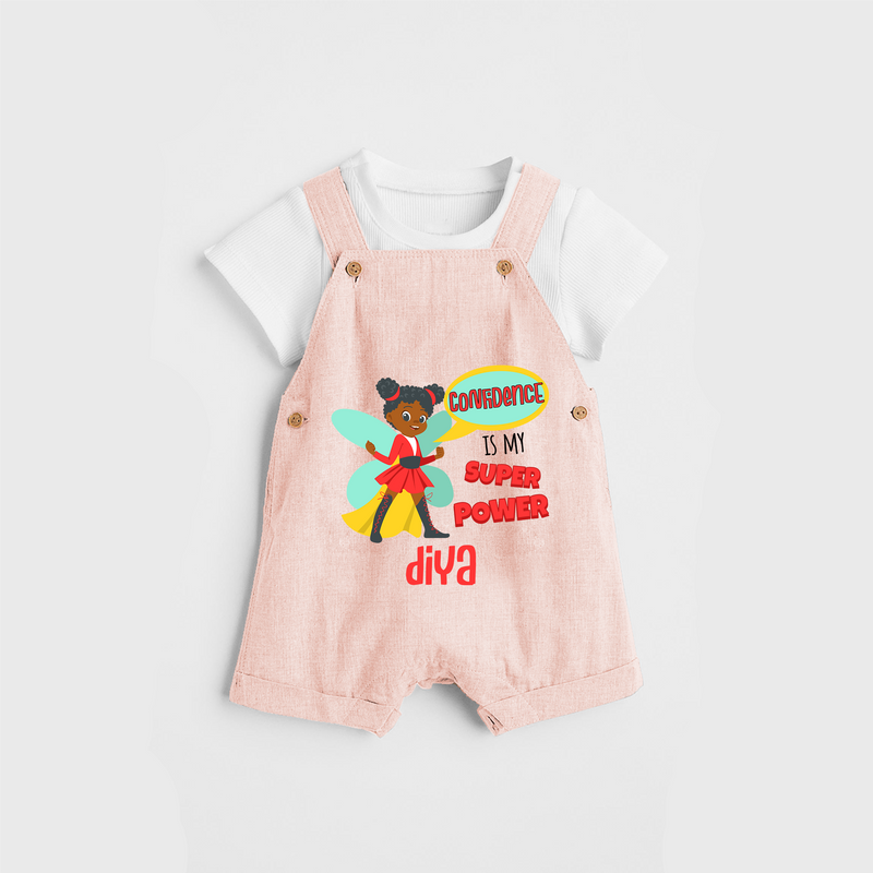 Celebrate The Super Kids Theme With "Confidence is my Suoer Power" Personalized Dungaree set for your Baby - PEACH - 0 - 5 Months Old (Chest 17")