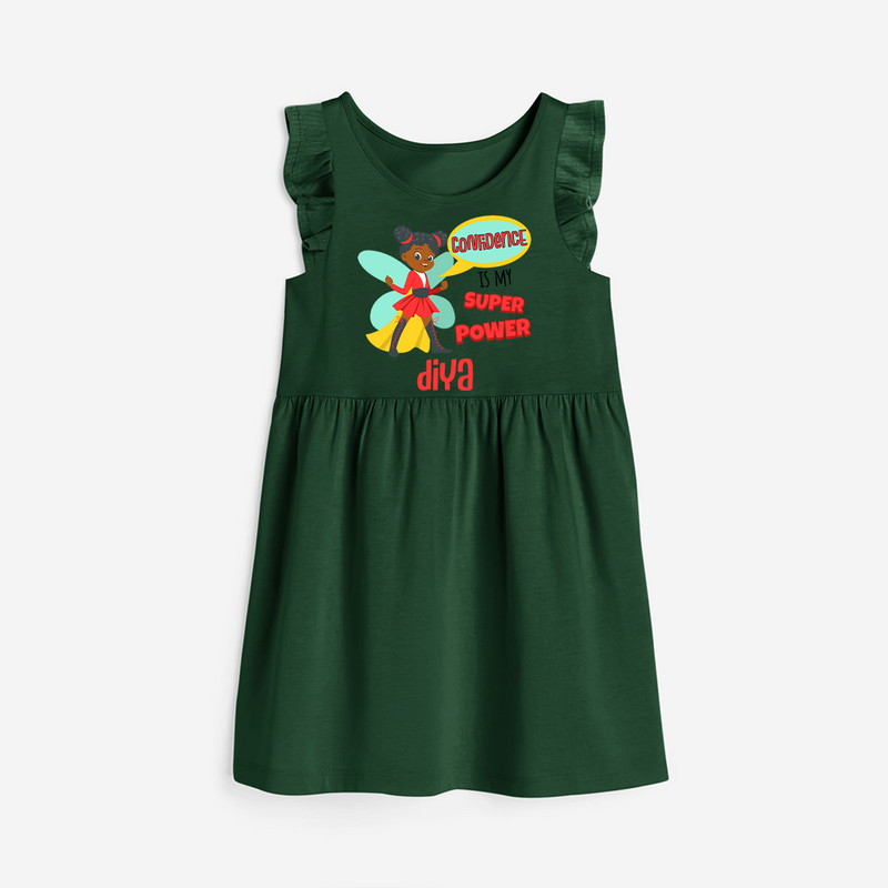 Celebrate The Super Kids Theme With "Confidence is my Suoer Power" Personalized Frock for your Baby - BOTTLE GREEN - 0 - 6 Months Old (Chest 18")