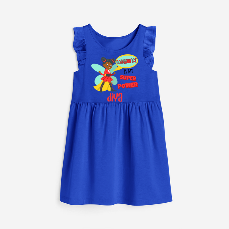 Celebrate The Super Kids Theme With "Confidence is my Suoer Power" Personalized Frock for your Baby - ROYAL BLUE - 0 - 6 Months Old (Chest 18")