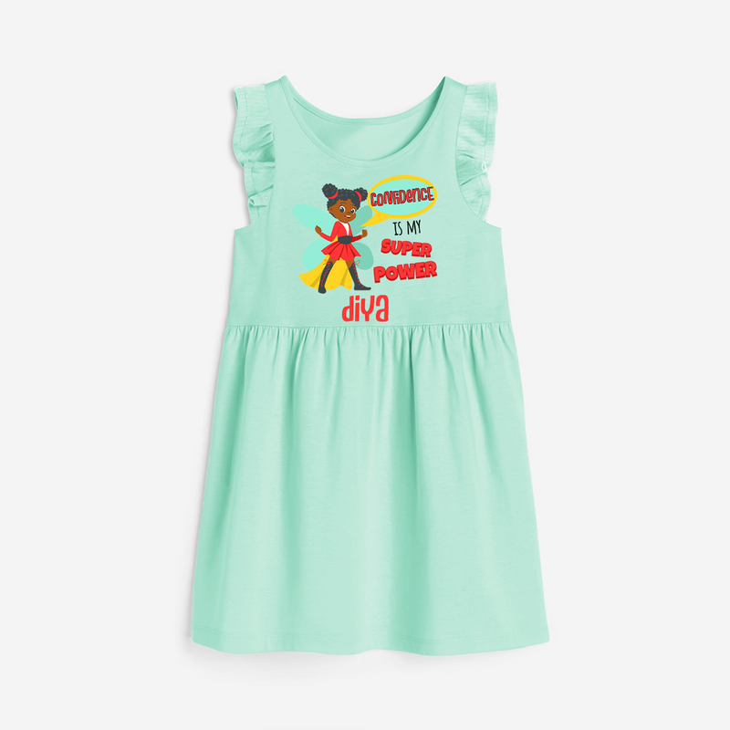 Celebrate The Super Kids Theme With "Confidence is my Suoer Power" Personalized Frock for your Baby - TEAL GREEN - 0 - 6 Months Old (Chest 18")