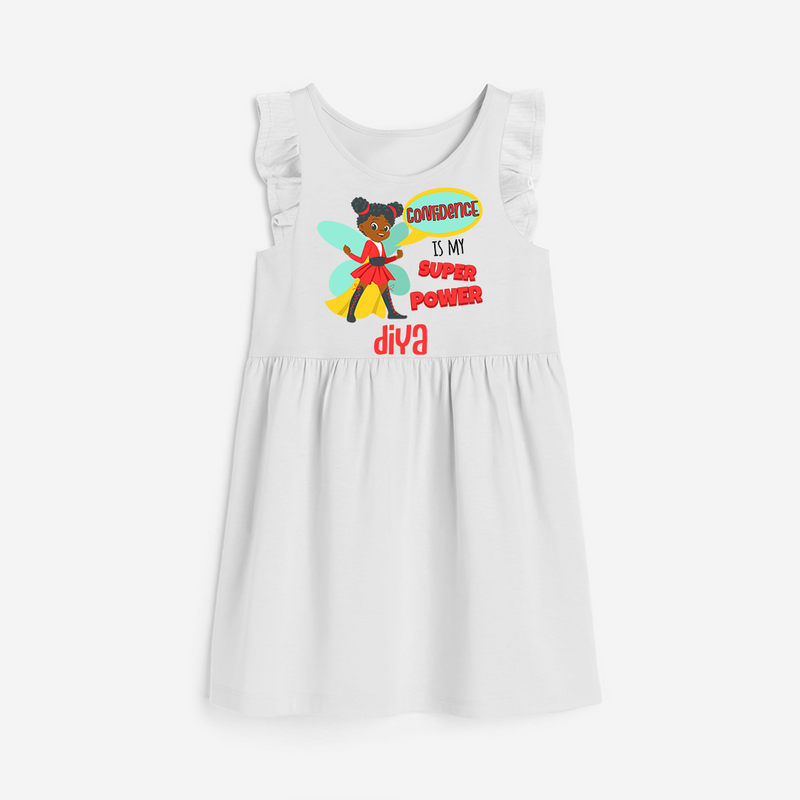 Celebrate The Super Kids Theme With "Confidence is my Suoer Power" Personalized Frock for your Baby - WHITE - 0 - 6 Months Old (Chest 18")