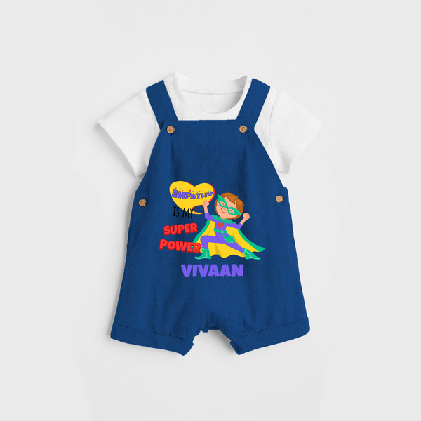 Celebrate The Super Kids Theme With "Empathy is my Super Power" Personalized Dungaree set for your Baby - COBALT BLUE - 0 - 5 Months Old (Chest 17")