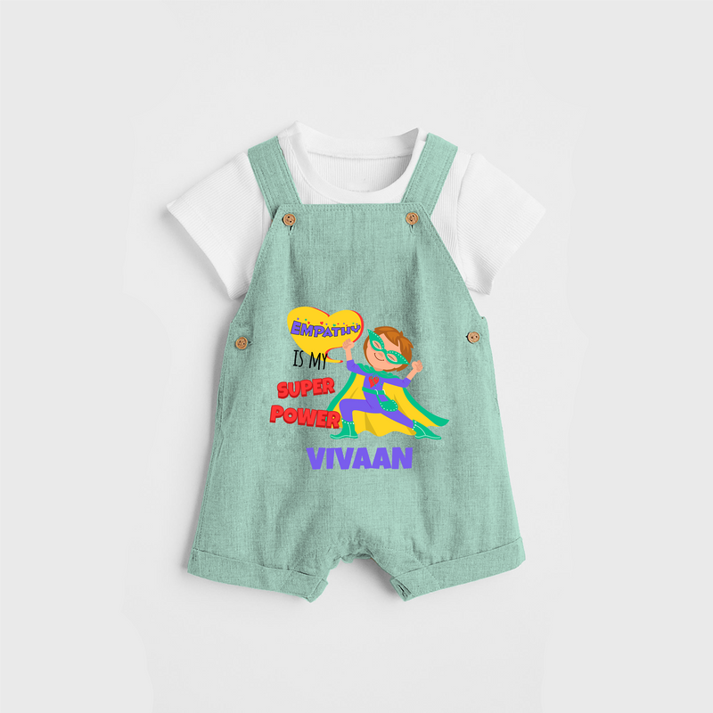 Celebrate The Super Kids Theme With "Empathy is my Super Power" Personalized Dungaree set for your Baby - LIGHT GREEN - 0 - 5 Months Old (Chest 17")