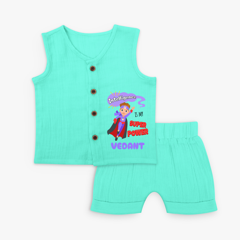 Celebrate The Super Kids Theme With "Intelligence is my Super Power" Personalized Jabla set for your Baby - AQUA GREEN - 0 - 3 Months Old (Chest 9.8")