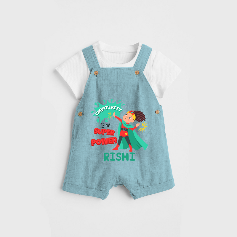 Celebrate The Super Kids Theme With "Creativity is my Super Power" Personalized Dungaree set for your Baby - ARCTIC BLUE - 0 - 5 Months Old (Chest 17")