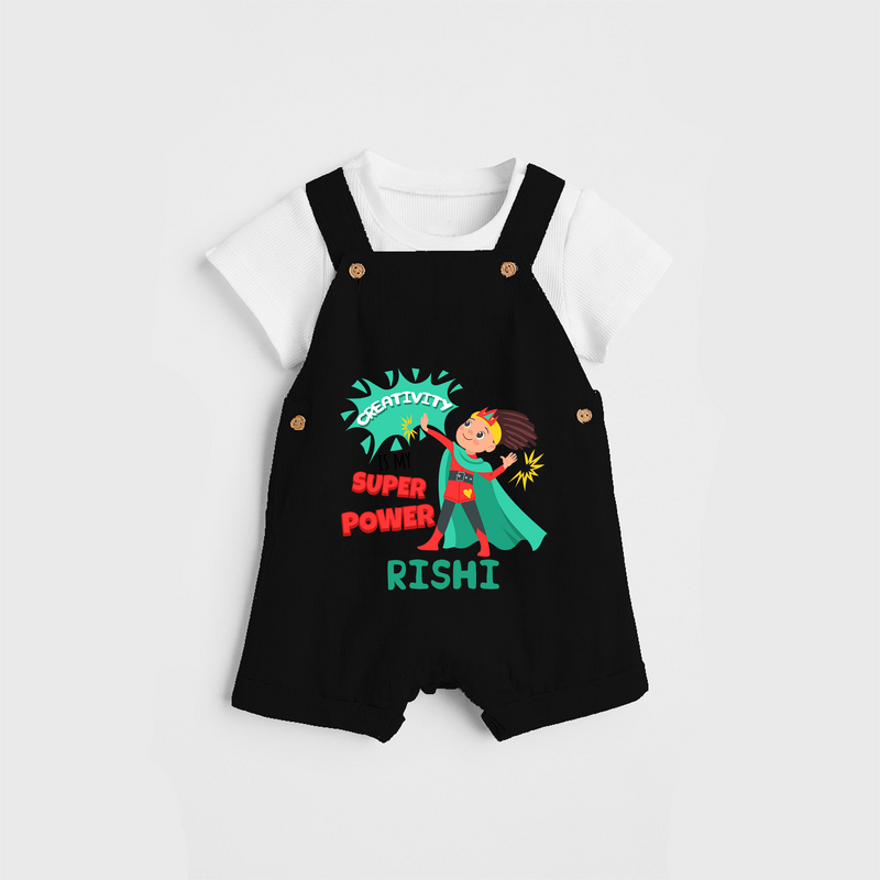 Celebrate The Super Kids Theme With "Creativity is my Super Power" Personalized Dungaree set for your Baby - BLACK - 0 - 5 Months Old (Chest 17")