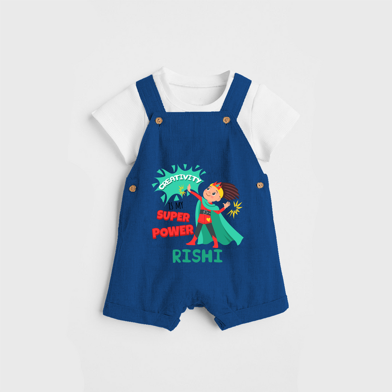 Celebrate The Super Kids Theme With "Creativity is my Super Power" Personalized Dungaree set for your Baby - COBALT BLUE - 0 - 5 Months Old (Chest 17")