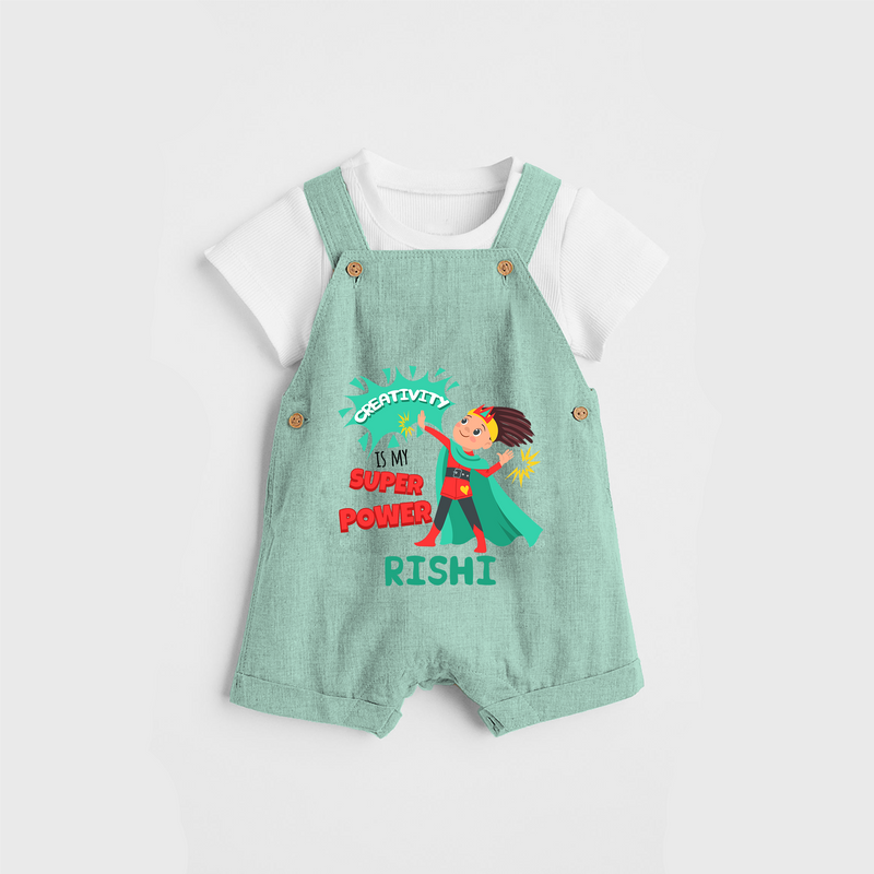 Celebrate The Super Kids Theme With "Creativity is my Super Power" Personalized Dungaree set for your Baby - LIGHT GREEN - 0 - 5 Months Old (Chest 17")