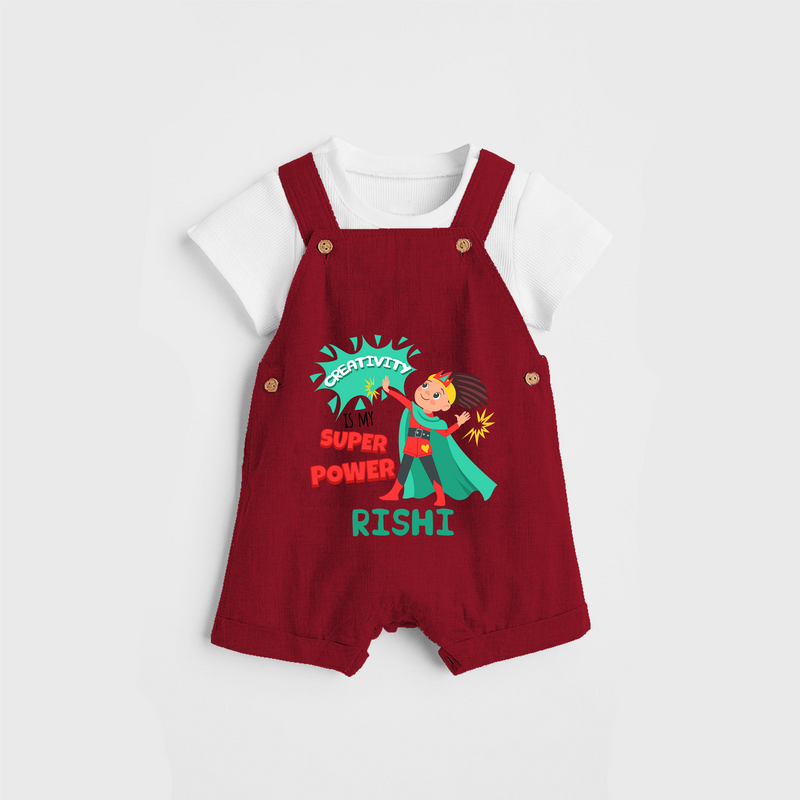 Celebrate The Super Kids Theme With "Creativity is my Super Power" Personalized Dungaree set for your Baby - RED - 0 - 5 Months Old (Chest 17")