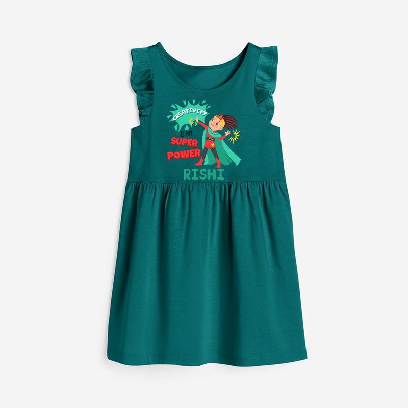 Celebrate The Super Kids Theme With "Creativity is my Super Power" Personalized Frock for your Baby - MYRTLE GREEN - 0 - 6 Months Old (Chest 18")