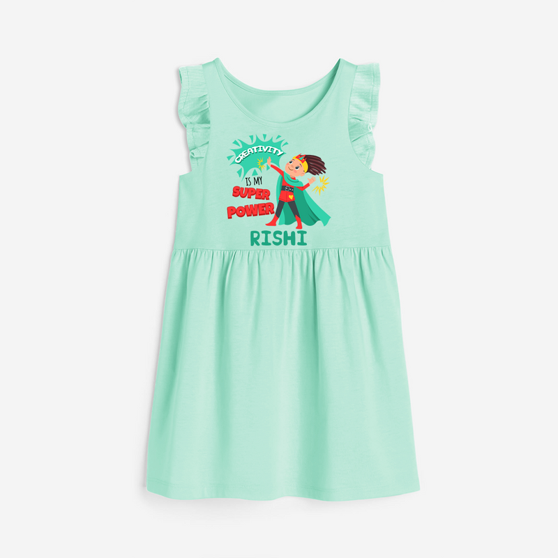 Celebrate The Super Kids Theme With "Creativity is my Super Power" Personalized Frock for your Baby - TEAL GREEN - 0 - 6 Months Old (Chest 18")