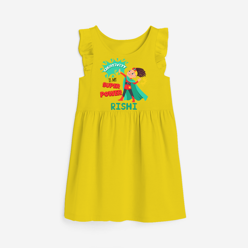 Celebrate The Super Kids Theme With "Creativity is my Super Power" Personalized Frock for your Baby - YELLOW - 0 - 6 Months Old (Chest 18")