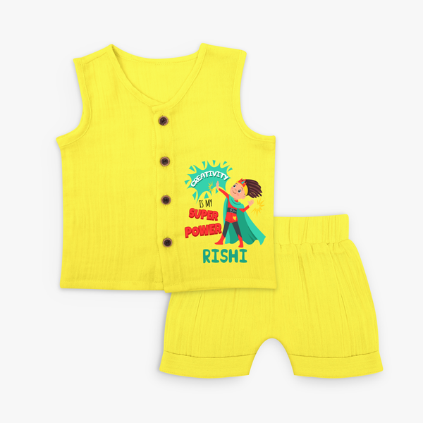 Celebrate The Super Kids Theme With "Creativity is my Super Power" Personalized Jabla set for your Baby - YELLOW - 0 - 3 Months Old (Chest 9.8")