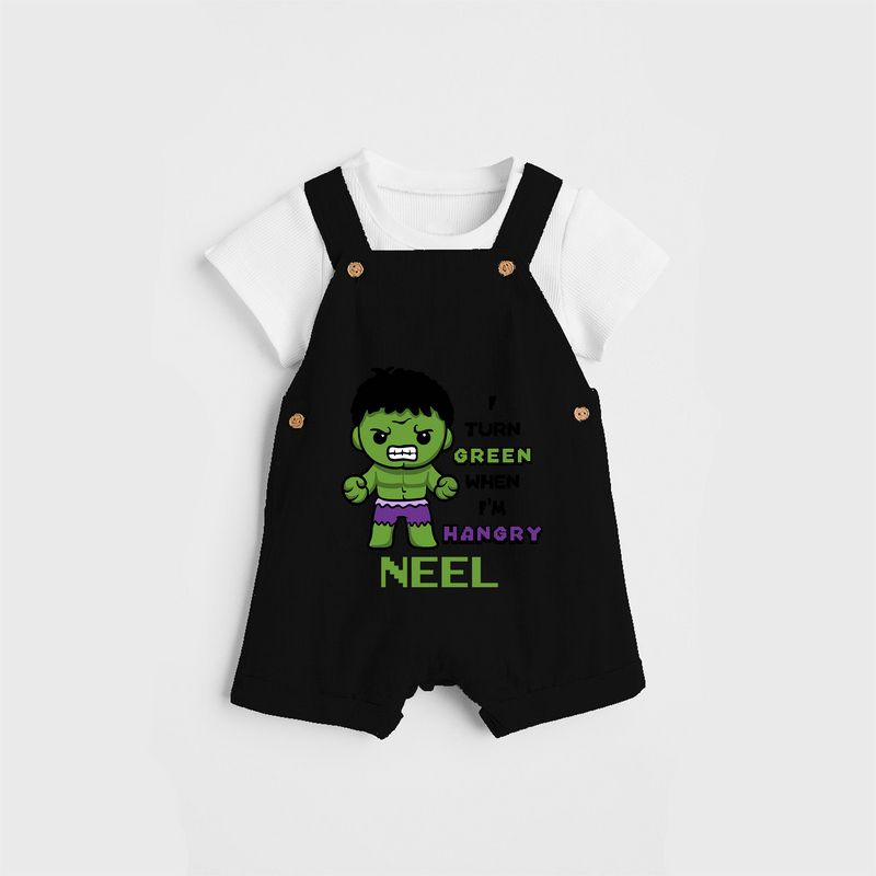 Celebrate The Super Kids Theme With "I Turn Green When I'm Hangry" Personalized Dungaree set for your Baby - BLACK - 0 - 5 Months Old (Chest 17")