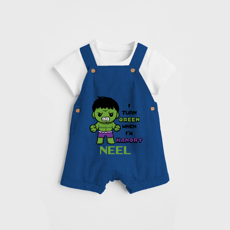 Celebrate The Super Kids Theme With "I Turn Green When I'm Hangry" Personalized Dungaree set for your Baby - COBALT BLUE - 0 - 5 Months Old (Chest 17")